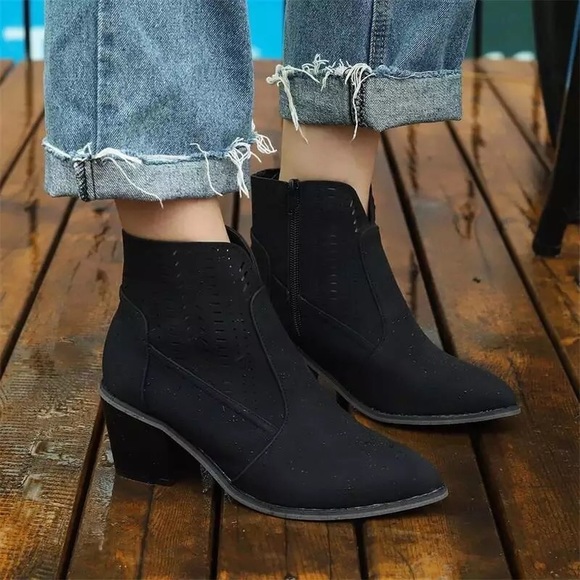 Black Laser Cutout Vegan Leather Heel Ankle Boots - Picture 3 of 8
